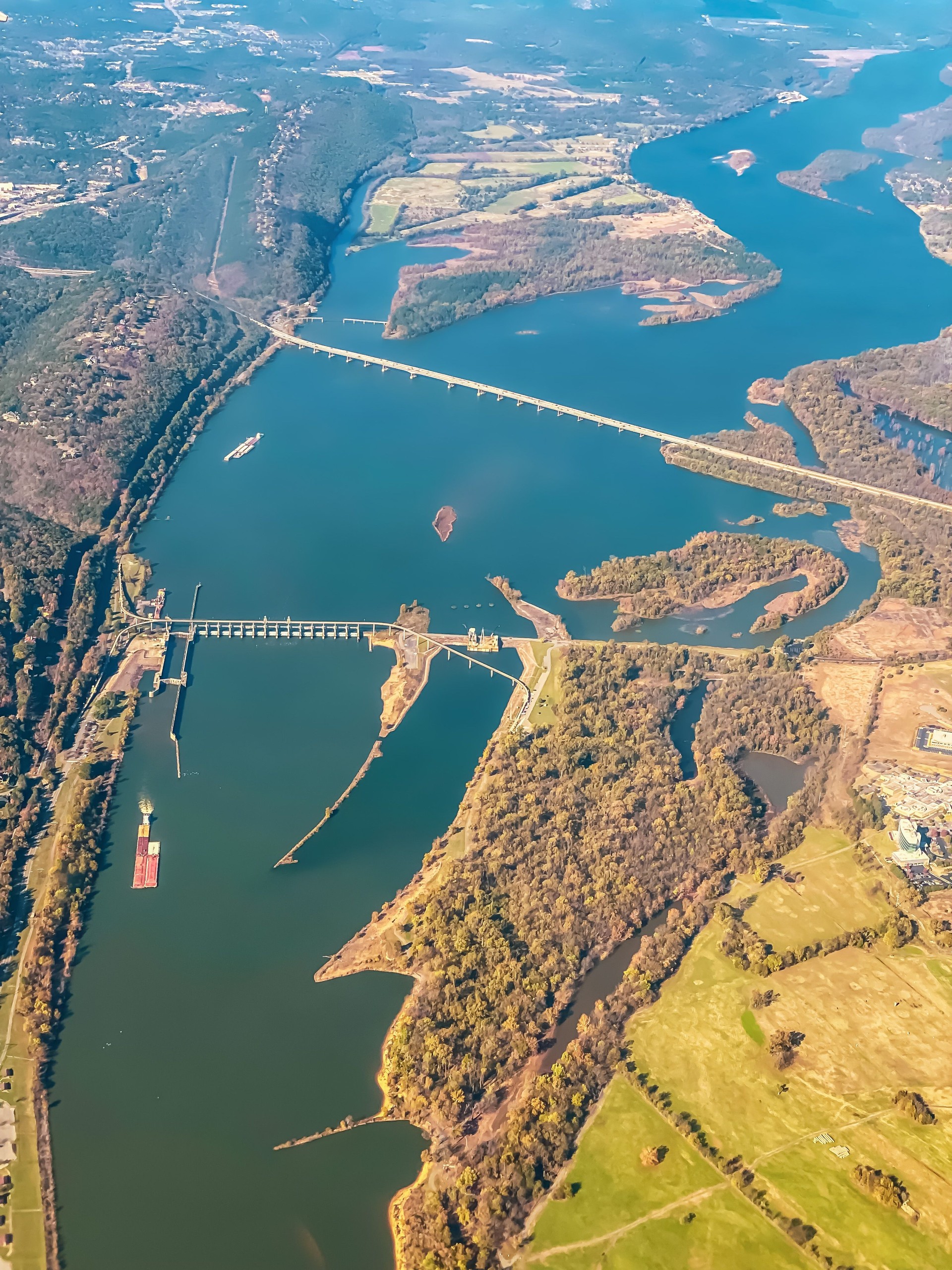 Aerial View of the Big Dam Bridge and 2 Rivers Park